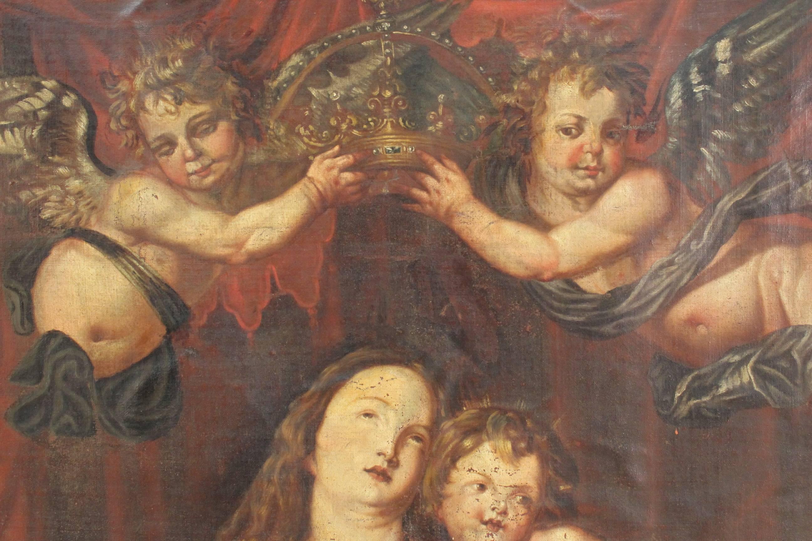 Italian Religious Painting Oil on Canvas Coronation of Virgin 18th Century 3