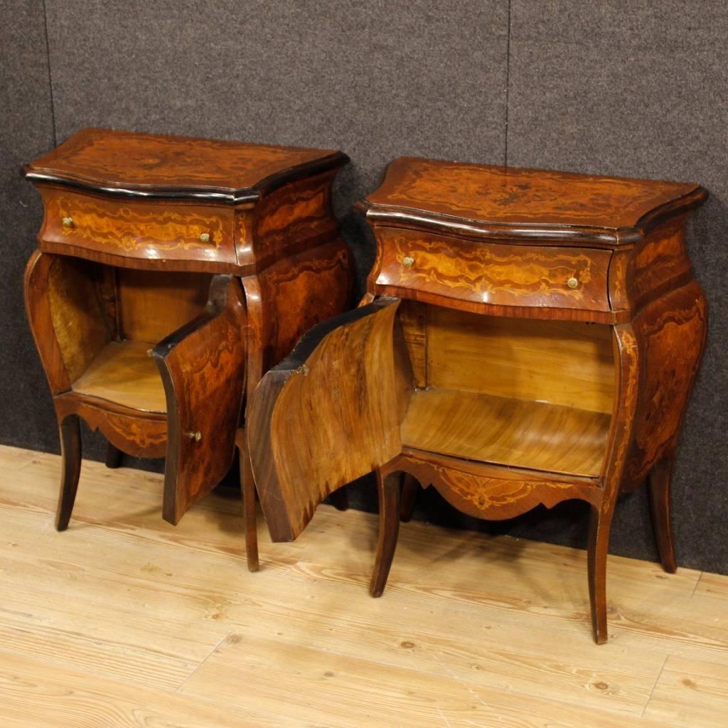 Pair of Italian Inlaid Bedside Tables in Wood in Louis XV Style, 20th Century 3