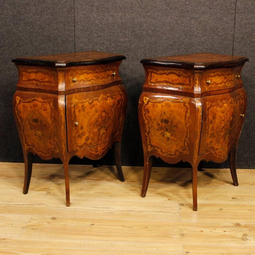 Fruitwood Pair of Italian Inlaid Bedside Tables in Wood in Louis XV Style, 20th Century