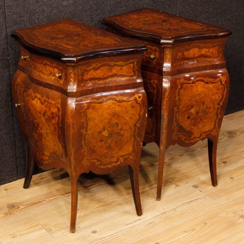 Pair of Italian Inlaid Bedside Tables in Wood in Louis XV Style, 20th Century 2