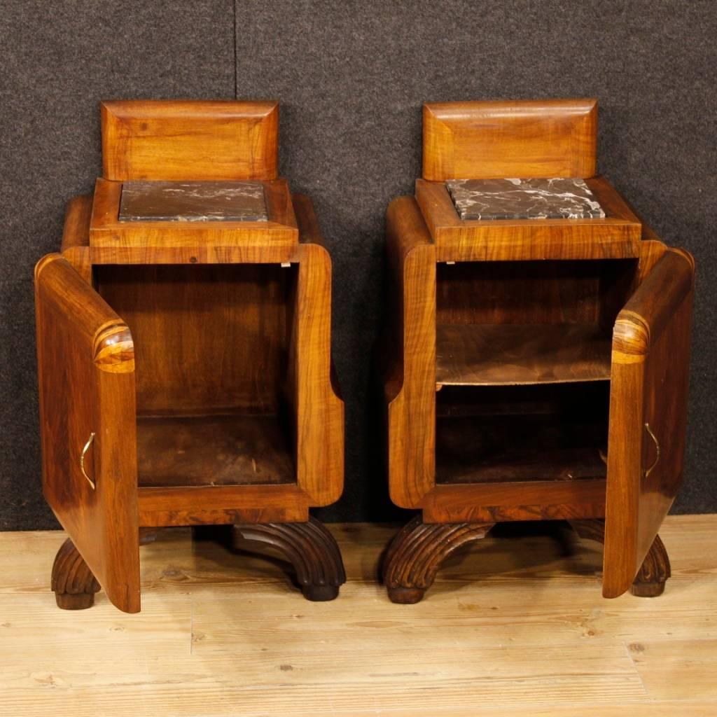 Pair of Italian Bedside Tables in Walnut Wood with Marble Top in Art Deco Style 3