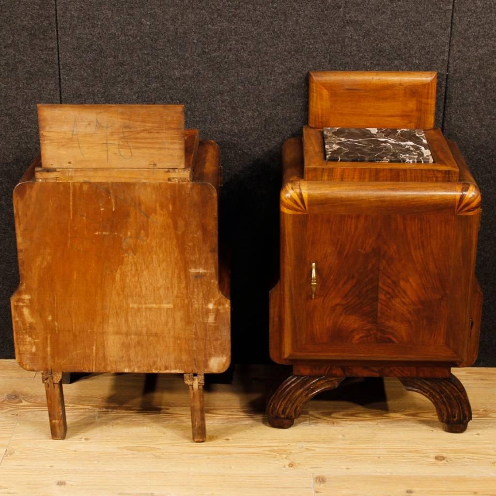 20th Century Pair of Italian Bedside Tables in Walnut Wood with Marble Top in Art Deco Style