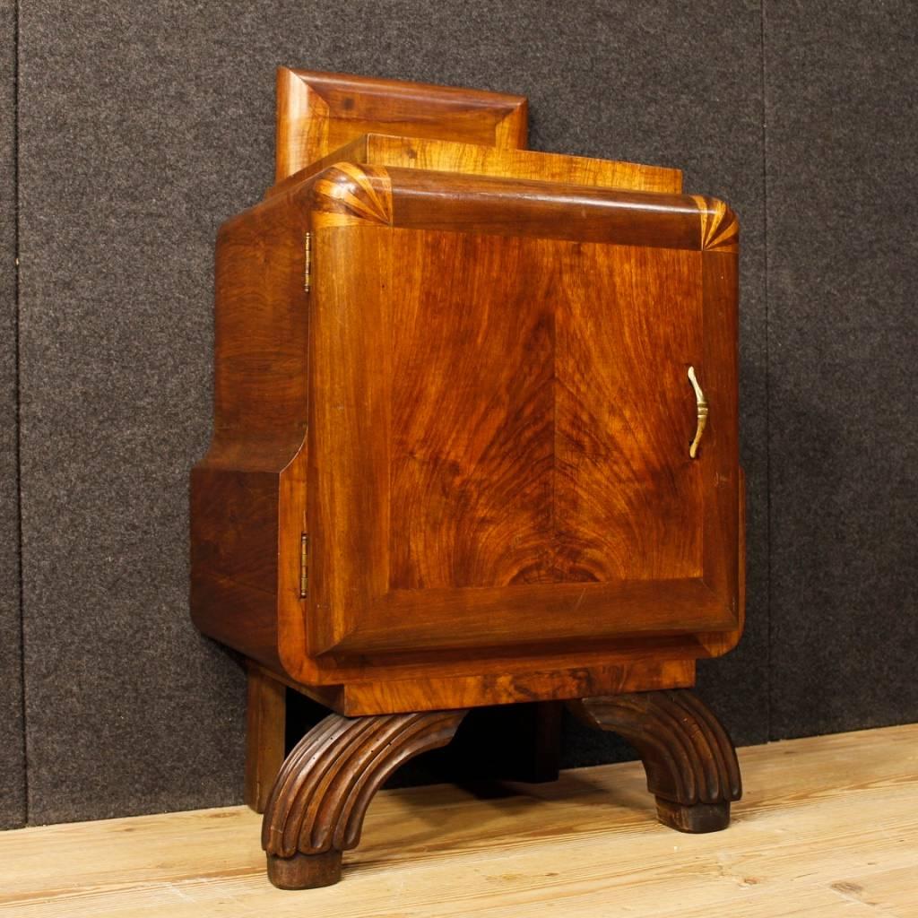 Pair of Italian Bedside Tables in Walnut Wood with Marble Top in Art Deco Style 5