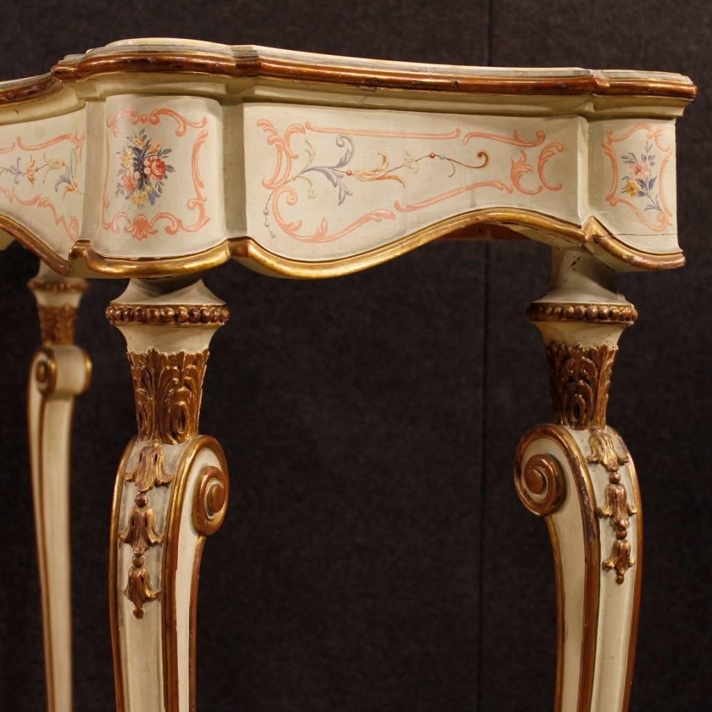 Italian Lacquered, Painted, Gilt Console In Wood With Marble Top 20th Century 4