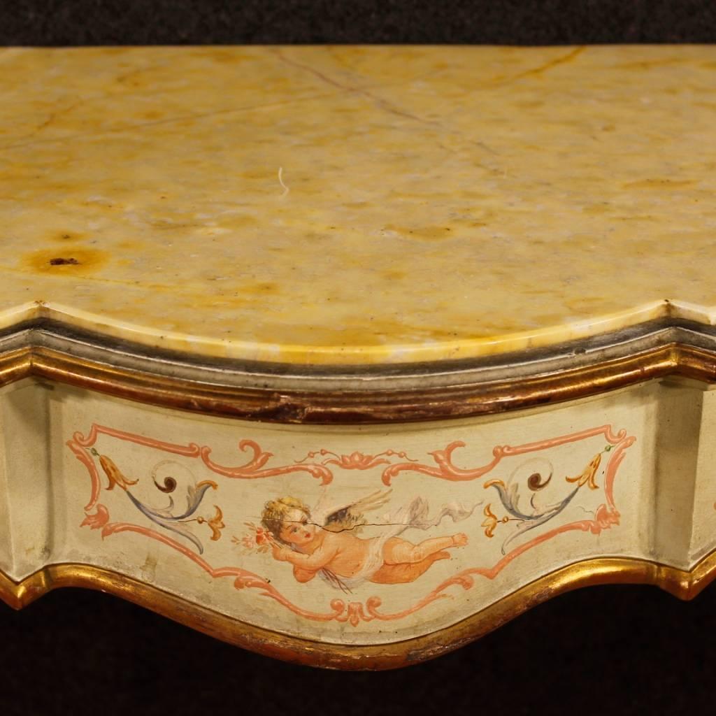 Italian Lacquered, Painted, Gilt Console In Wood With Marble Top 20th Century In Good Condition In Vicoforte, Piedmont