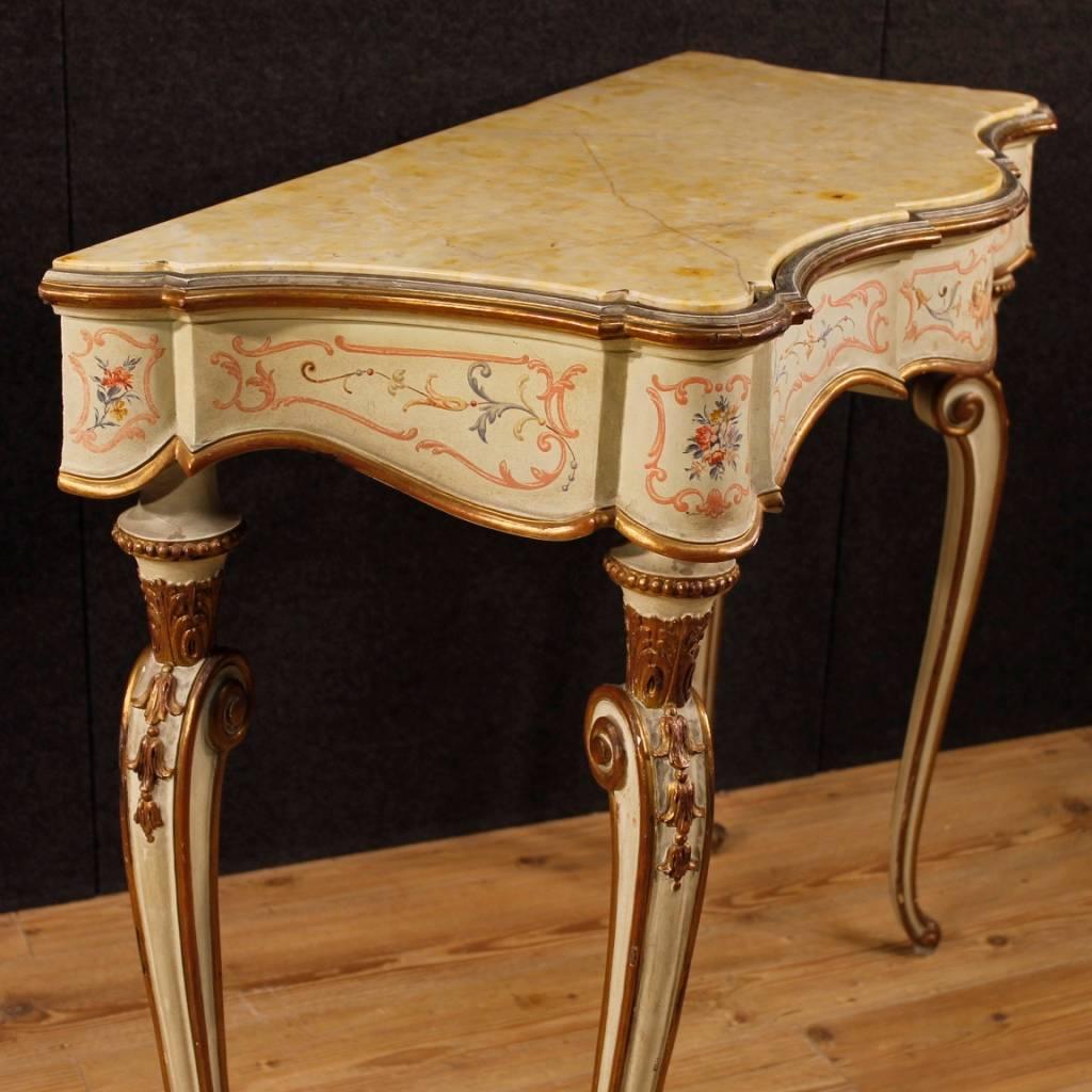 Italian Lacquered, Painted, Gilt Console In Wood With Marble Top 20th Century 1