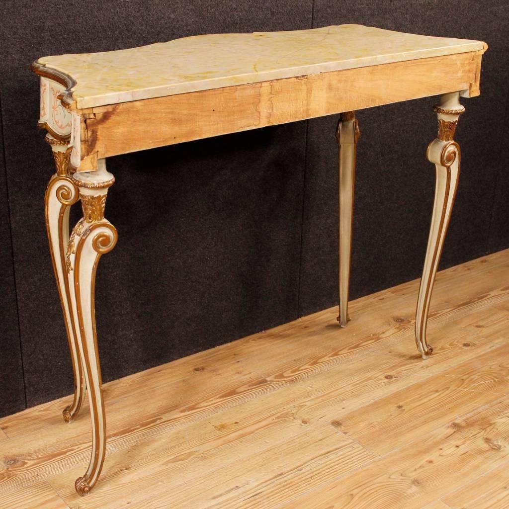 Italian Lacquered, Painted, Gilt Console In Wood With Marble Top 20th Century 3