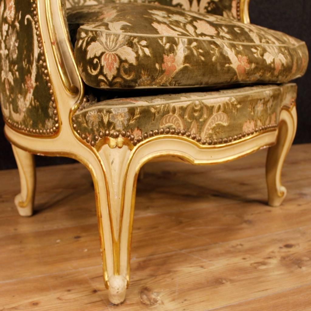 Pair of Italian Armchairs in Lacquered Gilt Wood in Damask Velvet 20th Century 3