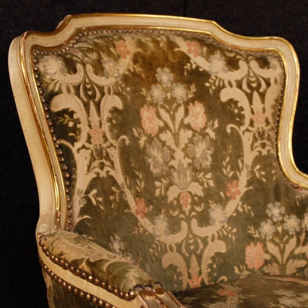 Pair of Italian Armchairs in Lacquered Gilt Wood in Damask Velvet 20th Century 1