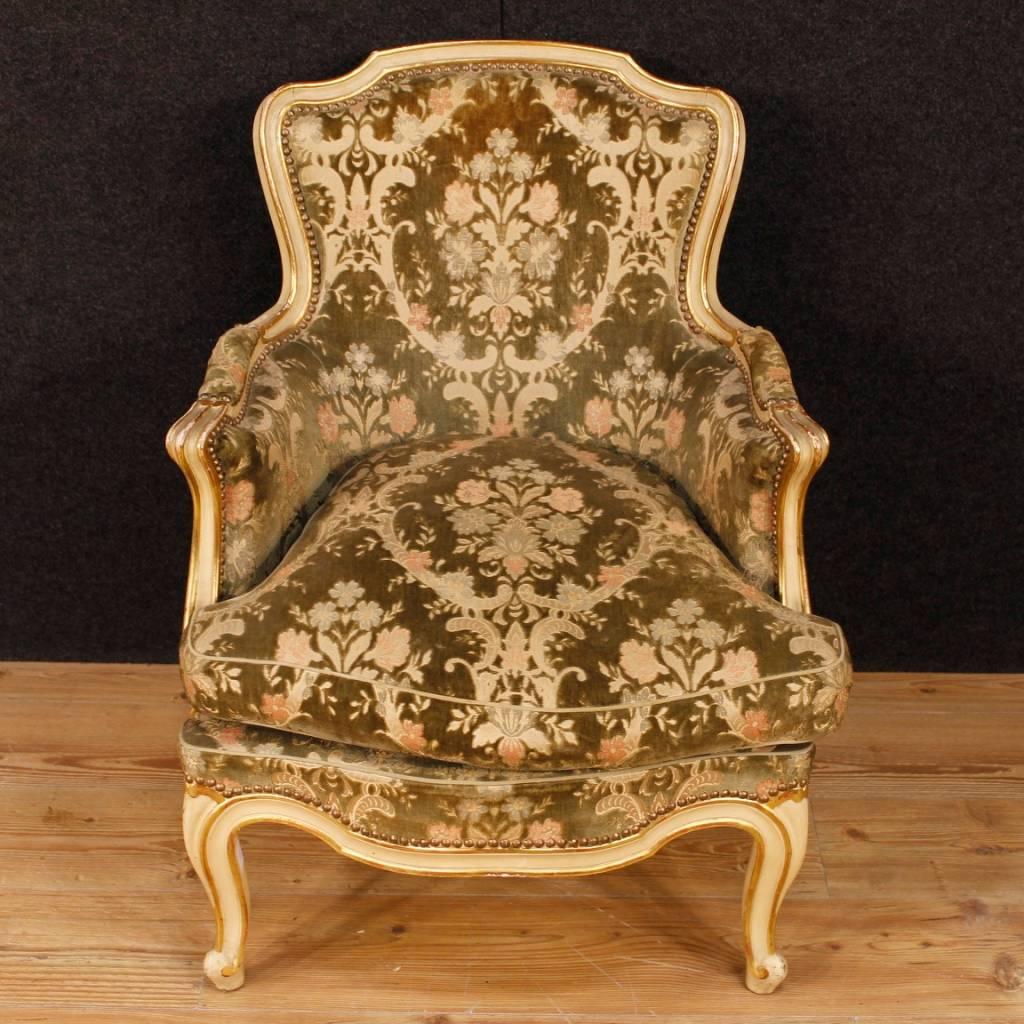 Mid-20th Century Pair of Italian Armchairs in Lacquered Gilt Wood in Damask Velvet 20th Century