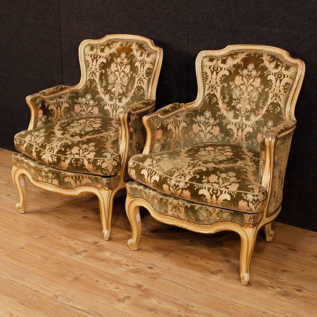 Pair of Italian Armchairs in Lacquered Gilt Wood in Damask Velvet 20th Century In Good Condition In Vicoforte, Piedmont