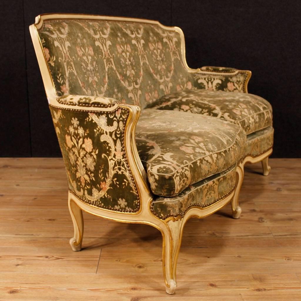 Mid-20th Century Italian Sofa in Lacquered and Gilt Wood in Damask Velvet 20th Century