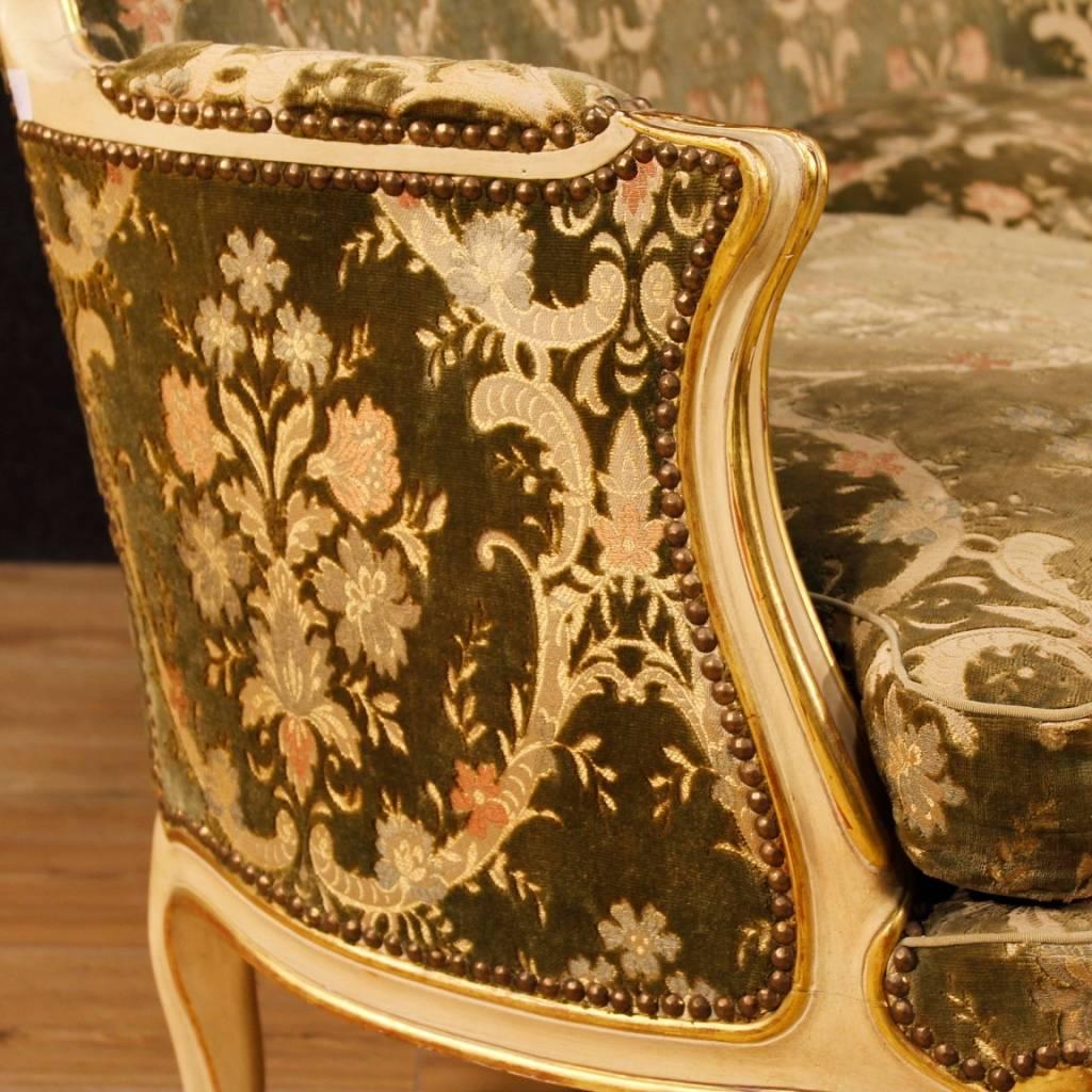 Italian Sofa in Lacquered and Gilt Wood in Damask Velvet 20th Century 1