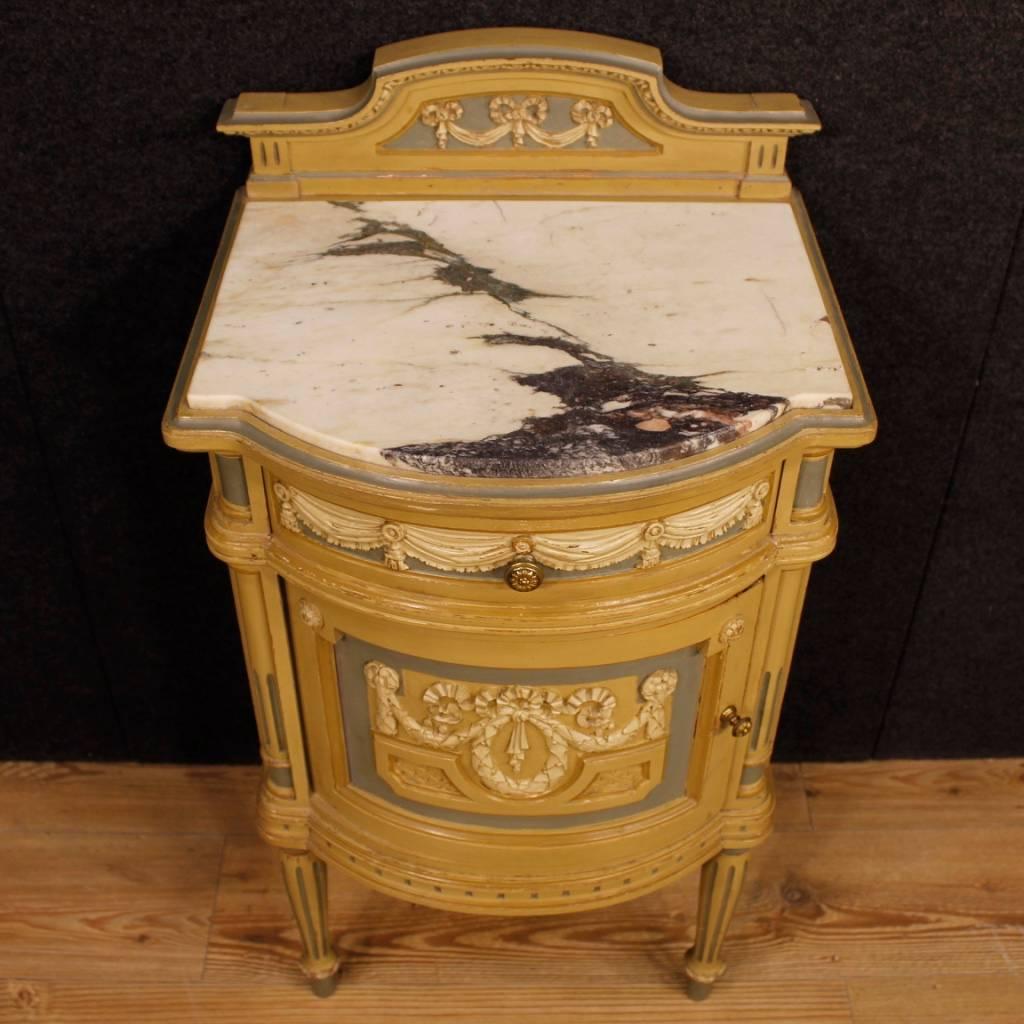 Pair Of Italian Lacquered Bedside Tables With Marble Top In Louis XVI Style  In Good Condition In Vicoforte, Piedmont