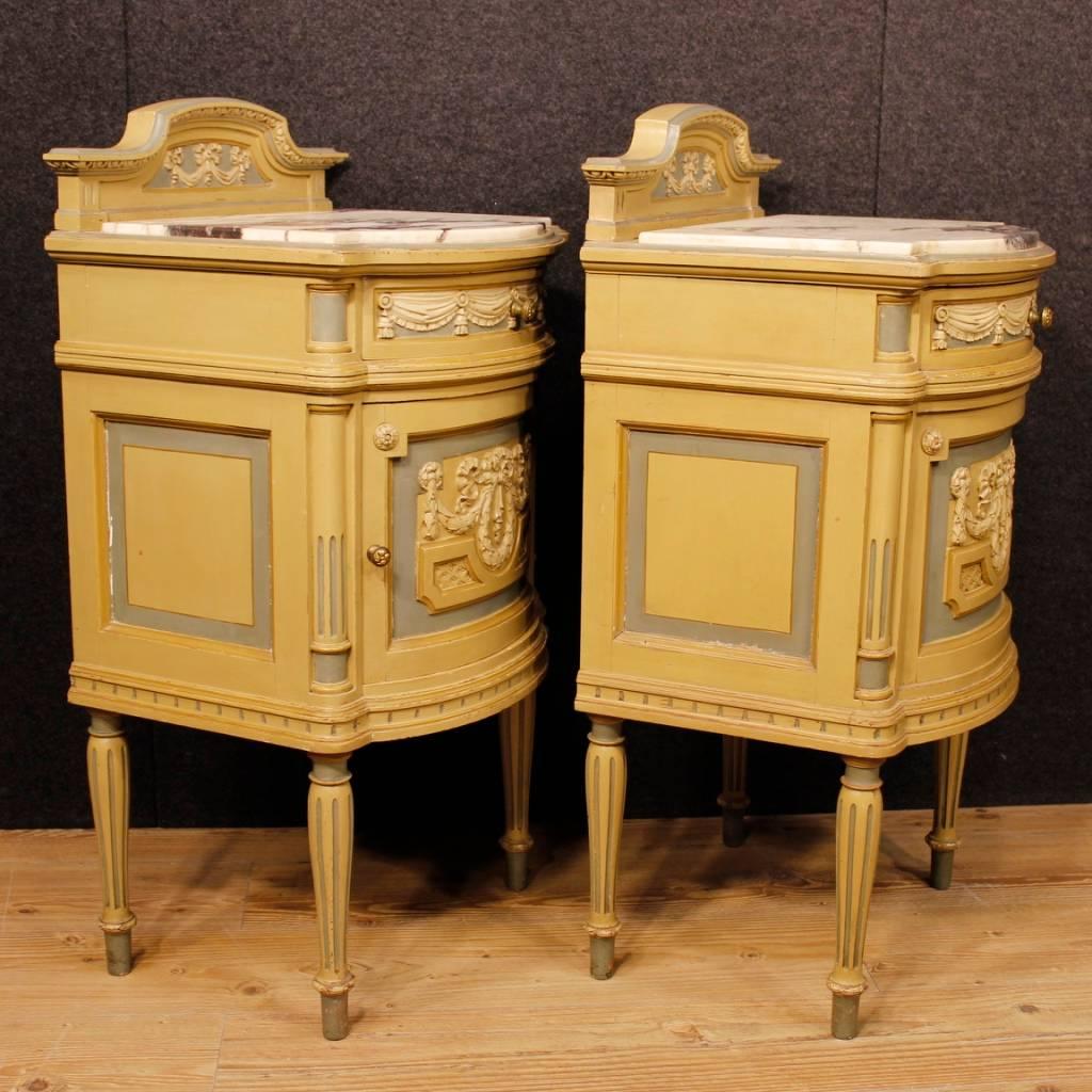 Pair Of Italian Lacquered Bedside Tables With Marble Top In Louis XVI Style  3
