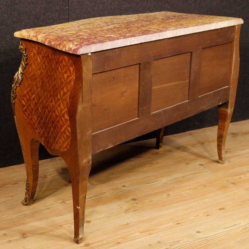 20th Century French Inlaid Dresser in Rosewood and Mahogany with Marble Top in Louis XV Style