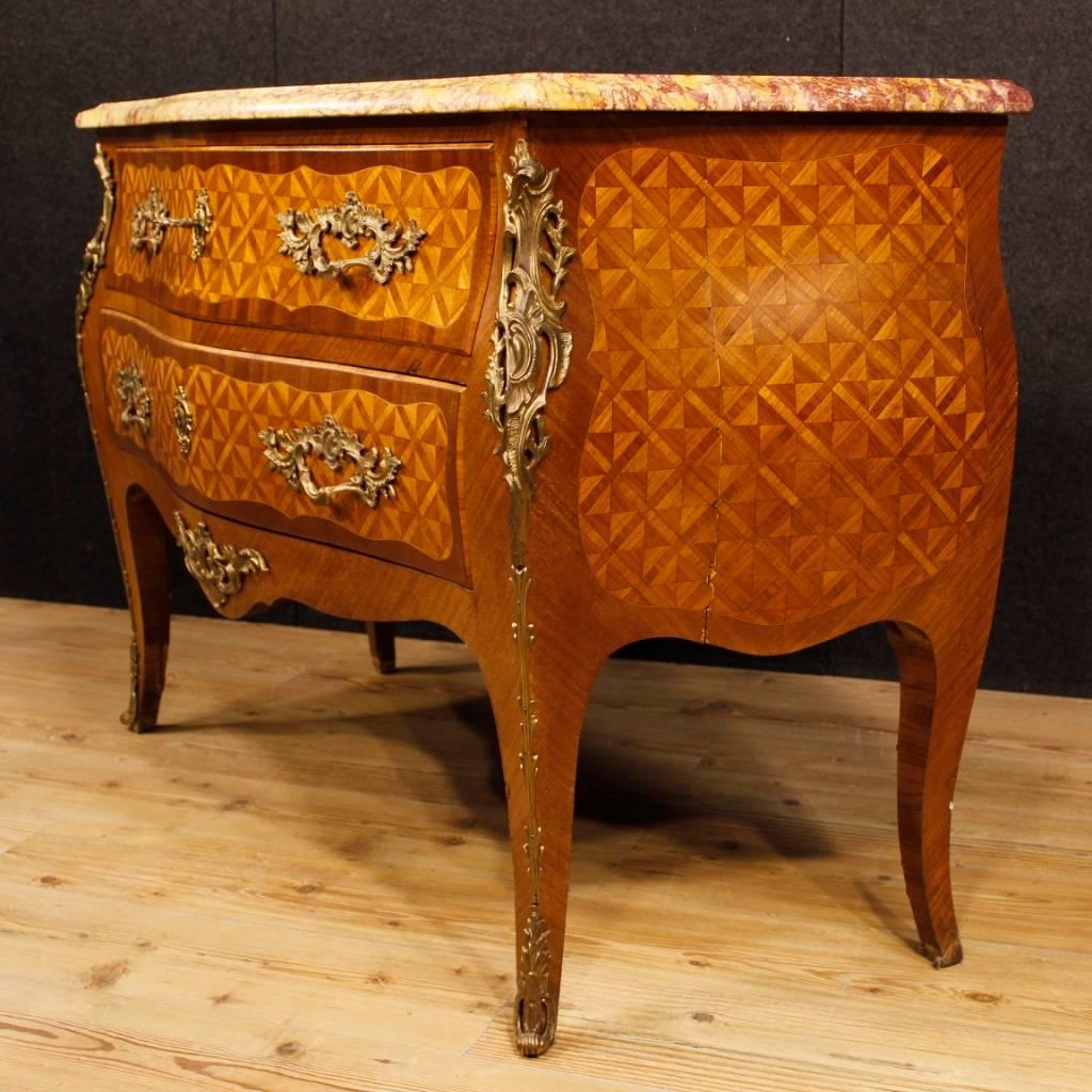 Bronze French Inlaid Dresser in Rosewood and Mahogany with Marble Top in Louis XV Style