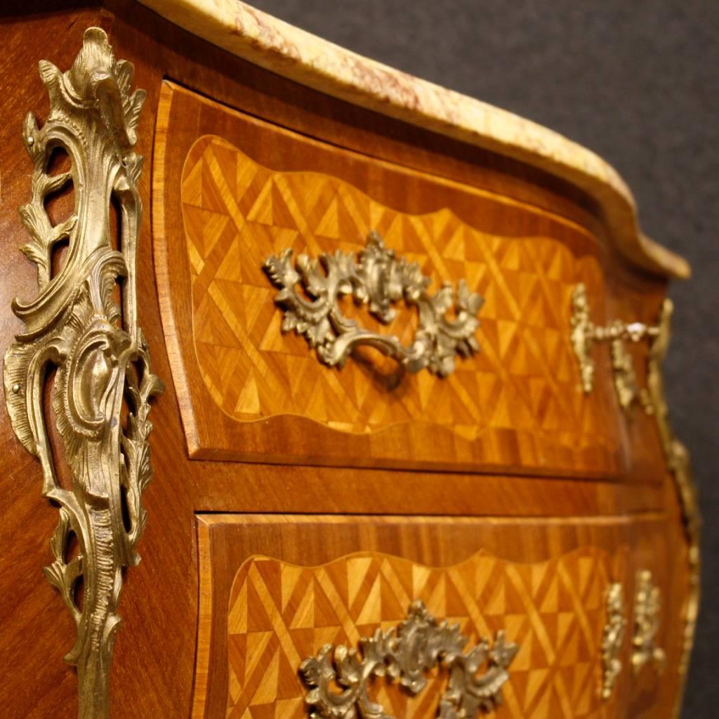 Gilt French Inlaid Dresser in Rosewood and Mahogany with Marble Top in Louis XV Style