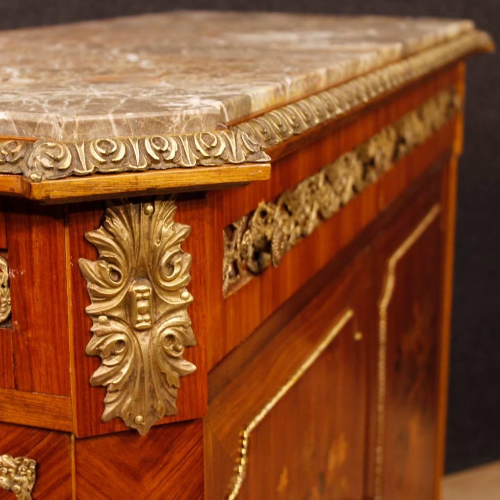 French Inlaid Sideboard in Wood with Marble Top and Bronzes from 20th Century In Good Condition In Vicoforte, Piedmont