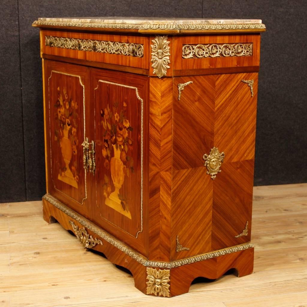 French Inlaid Sideboard in Wood with Marble Top and Bronzes from 20th Century 1