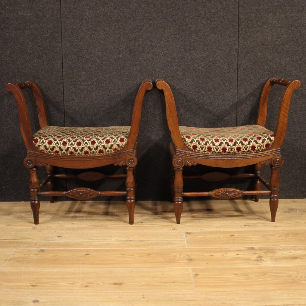 Pair of 19th Century Walnut Wood Italian Charles X Era Benches, 1840 For Sale