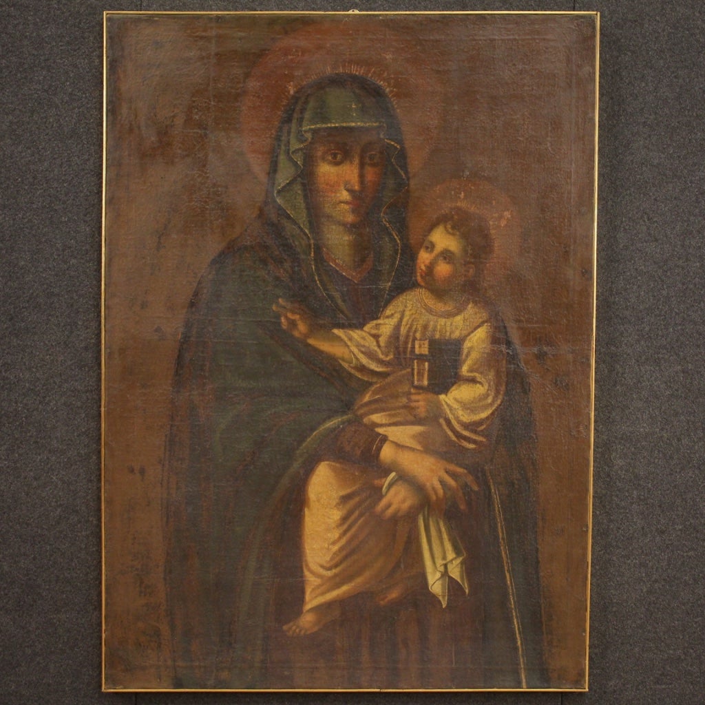 17th Century Oil on Canvas Italian Religious Painting Virgin with Child, 1630