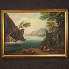Huile sur toile italienne du 20ème siècle - Peinture de paysage de lac, vue du lac, 1960
