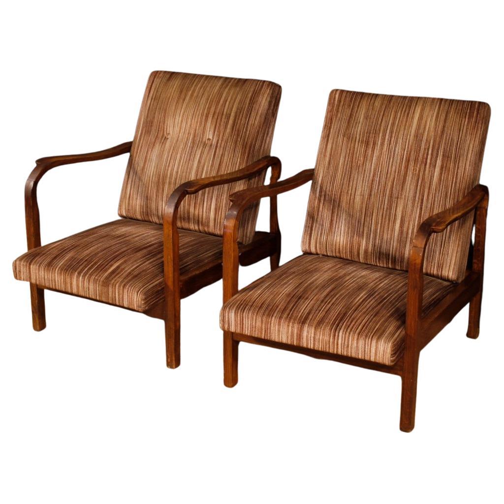 Pair of 20th Century Wood with Stripped Fabric Italian Design Armchairs, 1970