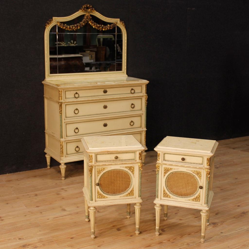 20th Century Lacquered, Giltwood Marble Top Italian Louis XVI Bedside Tables 8