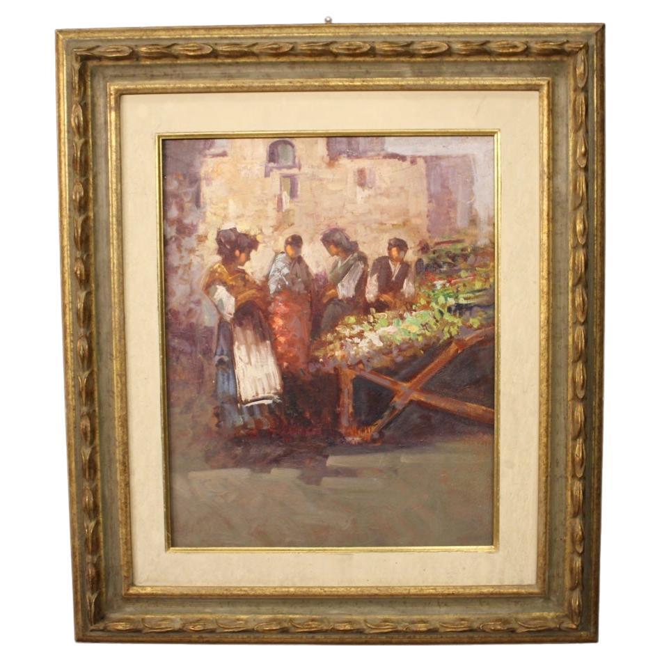 20th Century Oil on Panel Italian Painting Popular Scene with Characters, 1970