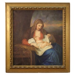 20th Century Mixed-Media on Canvas Italian Religious Painting Virgin with Child