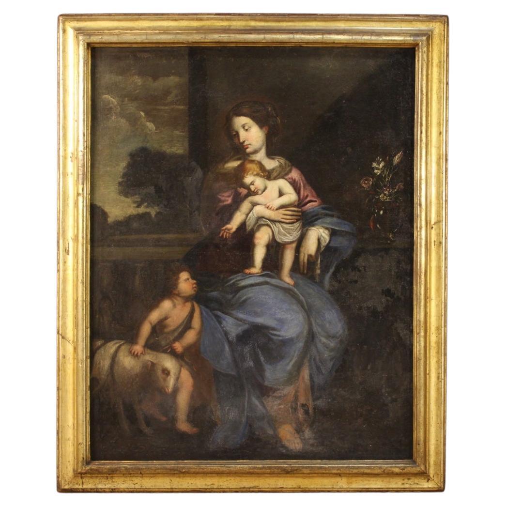 17th Century Oil on Canvas Italian Painting Virgin with Child and Saint John