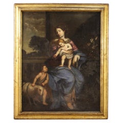 17th Century Oil on Canvas Italian Painting Virgin with Child and Saint John