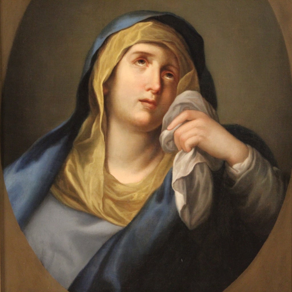 Antique Italian painting from the second half of the 18th century. Religious painting depicting the Virgin of Sorrows, of excellent pictorial quality. Oil on canvas framework recently restored and relined, overall in good state of conservation.