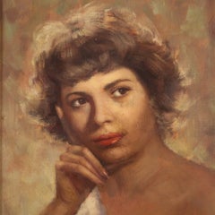 Vintage 20th Century Oil on Canvas French Signed Woman Portrait Painting, 1950