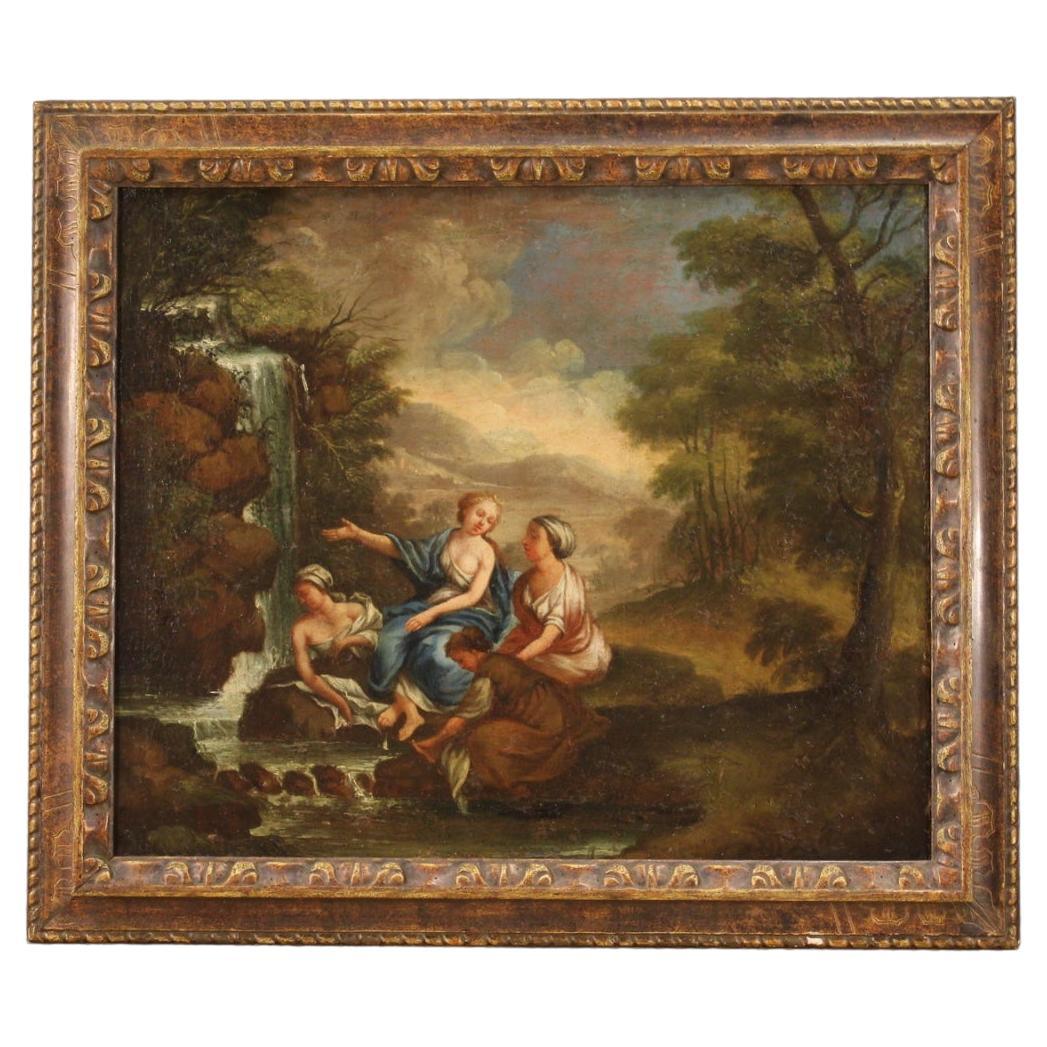 18th Century Oil on Canvas Italian Mythological Painting the Bath of Diana, 1750