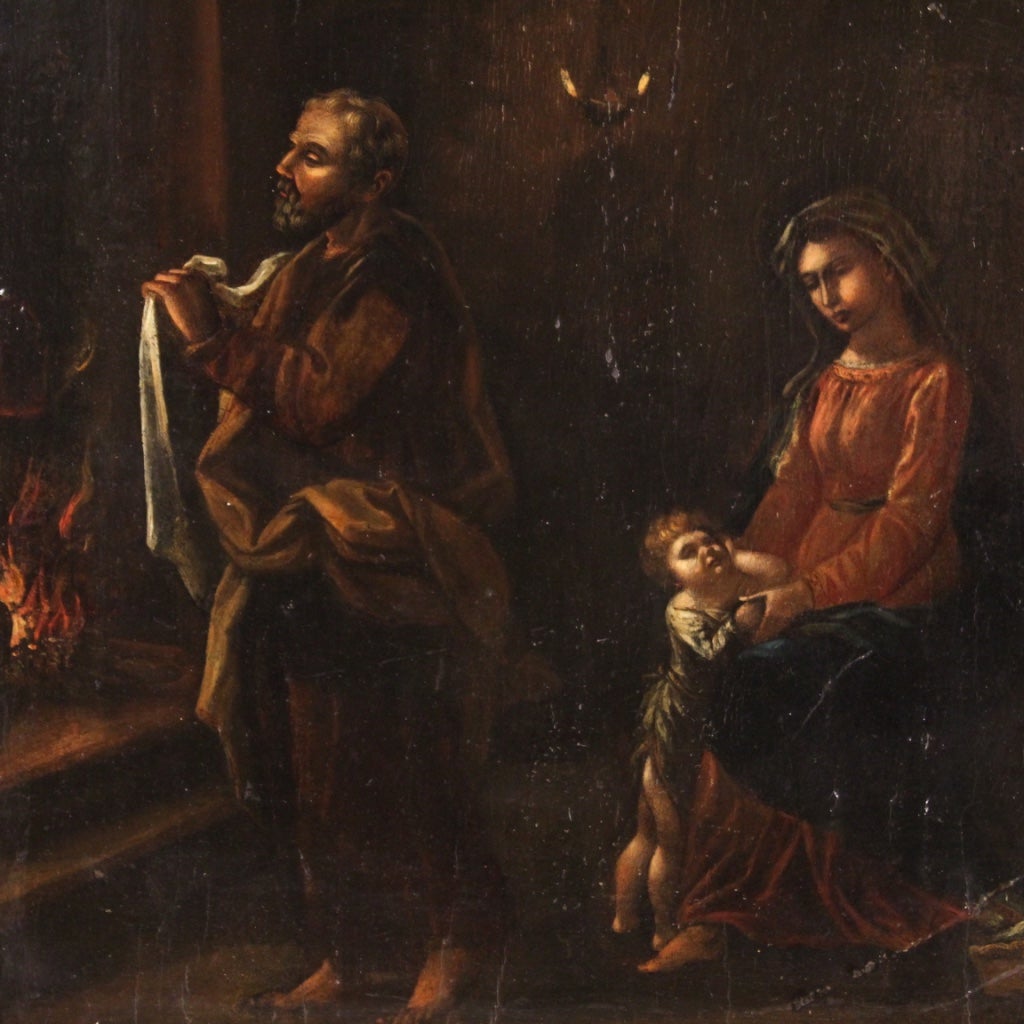 17th Century Oil on Panel Antique Religious Flemish Painting Holy Family, 1660 For Sale