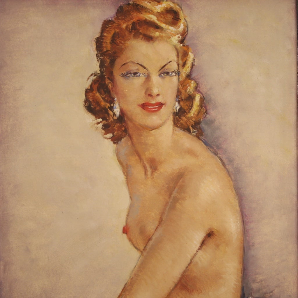 20th Century Oil on Masonite French Signed Nude Woman Portrait, 1960 For Sale