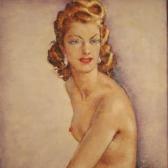 Retro 20th Century Oil on Masonite French Signed Nude Woman Portrait, 1960