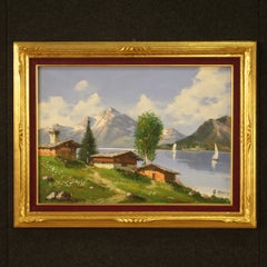 20th Century Oil on Canvas Italian Signed Mountain Lake Landscape Painting, 1980