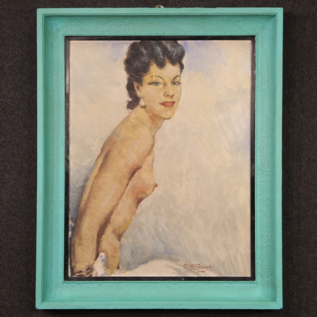 20th Century Oil on Masonite French Signed Nude Woman Portrait Painting, 1960 For Sale