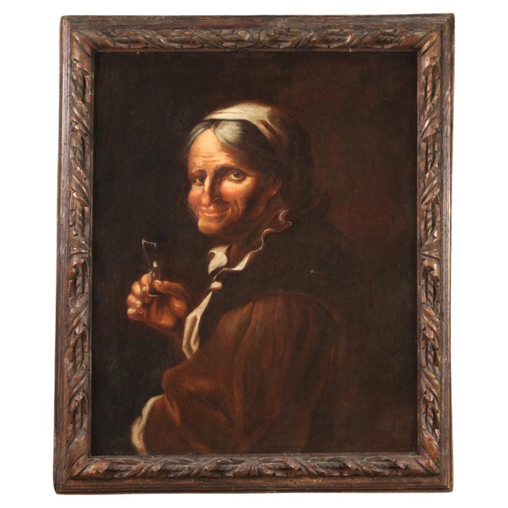 Antique Lombard / Venetian painting from 17th century. Artwork oil on canvas depicting a portrait, a grotesque character in a tavern with a glass of excellent pictorial quality. Painting of good size and proportion adorned with a non-coeval wooden