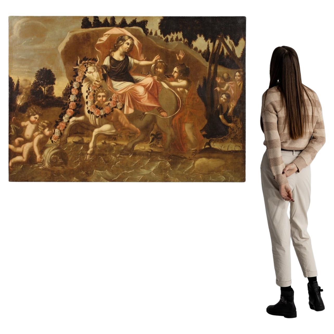 17th Century Oil on Canvas Italian Antique Mythological Painting Rape of Europe