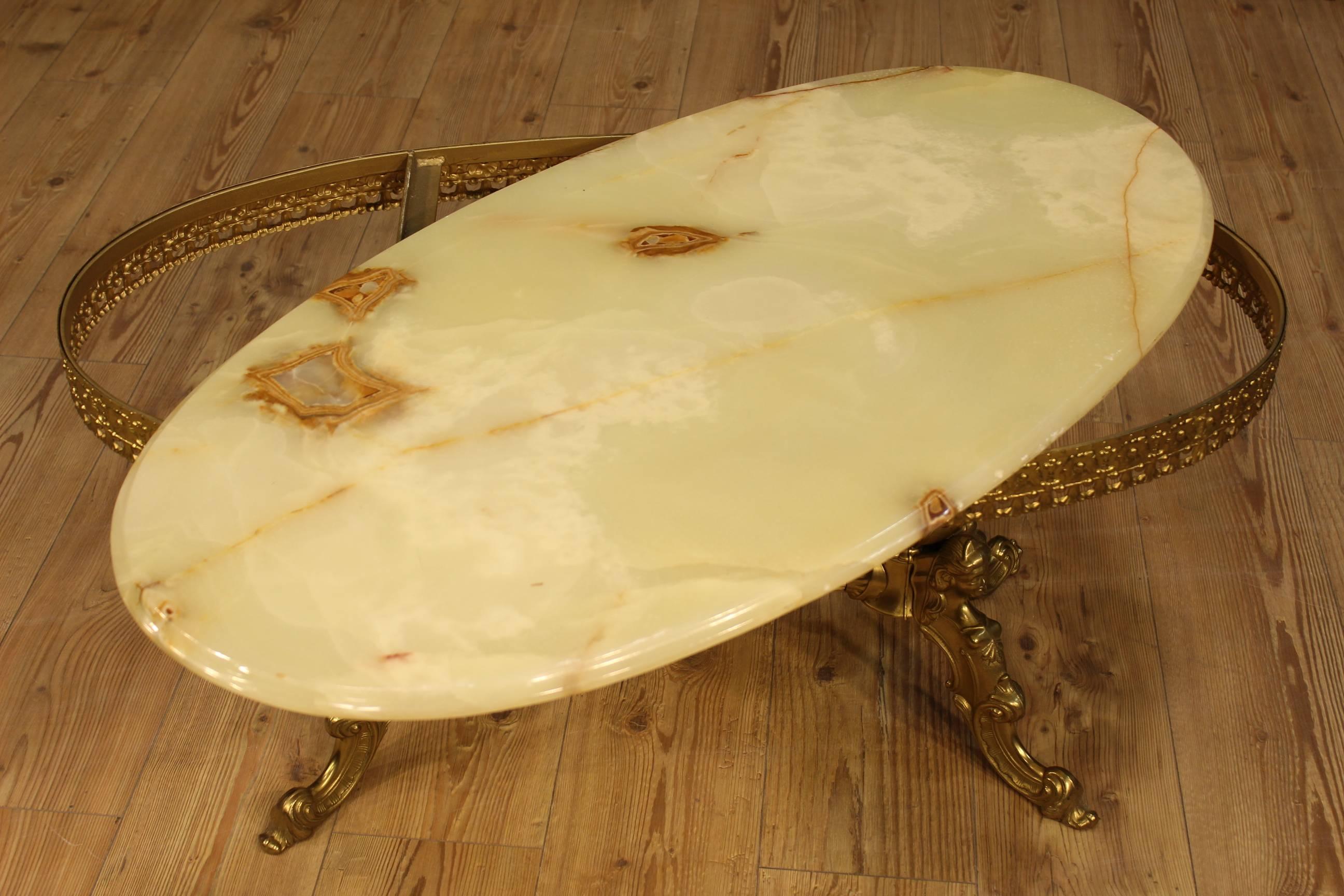 20th Century Golden Chiseled Brass Coffee Table with Onyx Top