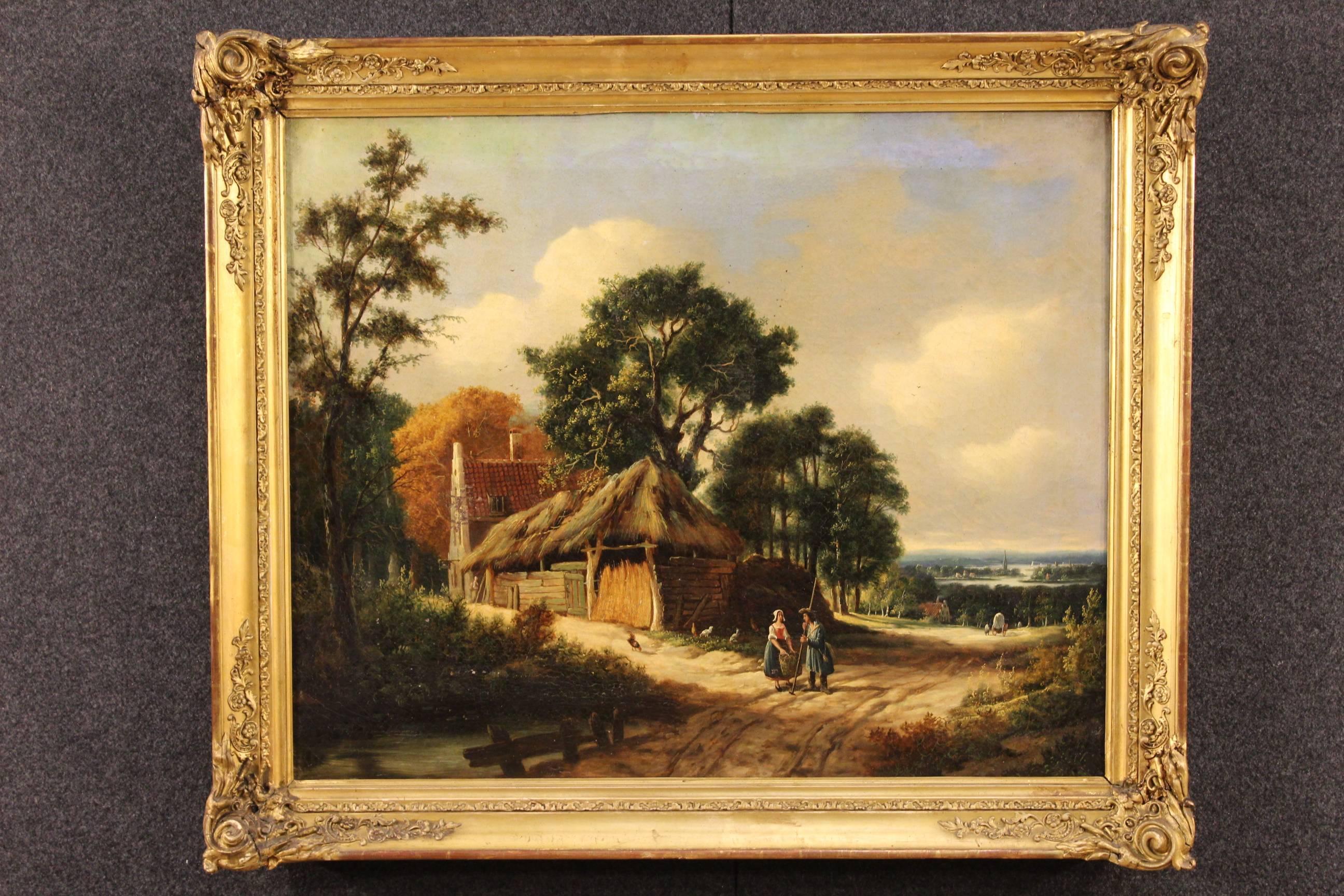 Ancient Dutch painting from the late 18th century. Work of art oil on canvas depicting pleasant landscape with figures. Painting of beautiful measure rich in details with exceptional view in the right background. Carved and gilded frame made by wood