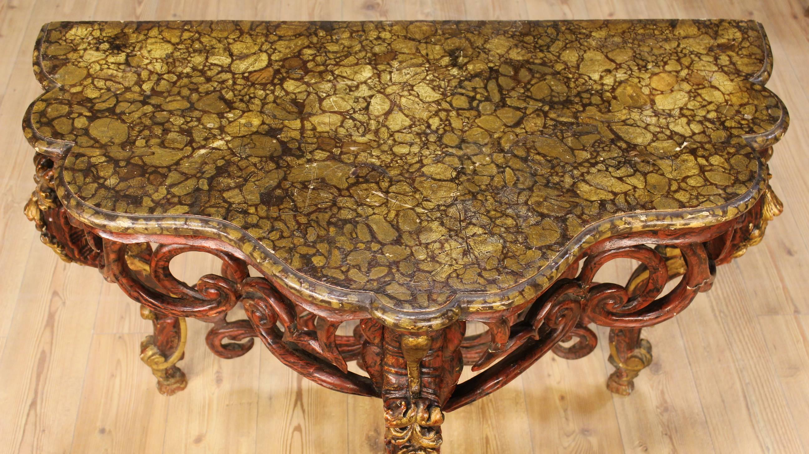 Gilt Console Table Made by Carved Lacquered and Golden Wood