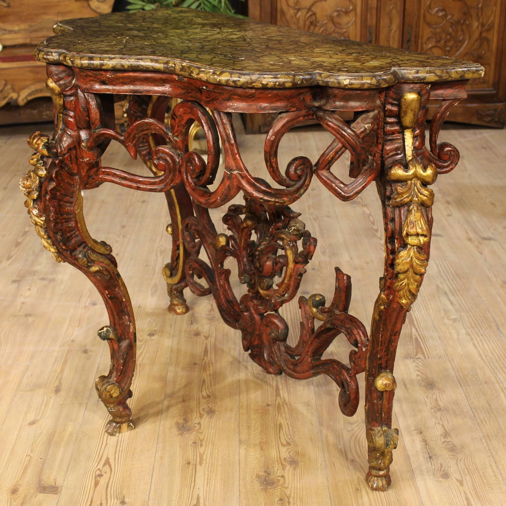Console Table Made by Carved Lacquered and Golden Wood In Fair Condition In Vicoforte, Piedmont