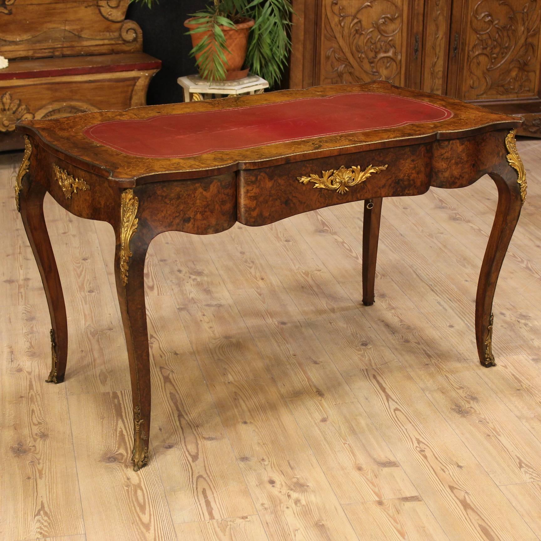 Great French writing desk from the late 19th century. Furniture from period of Napoleon III made by burl walnut with rich inlay on maple top. Desk finished from the center, richly decorated with gilded and chiseled bronze and brass. Upper top