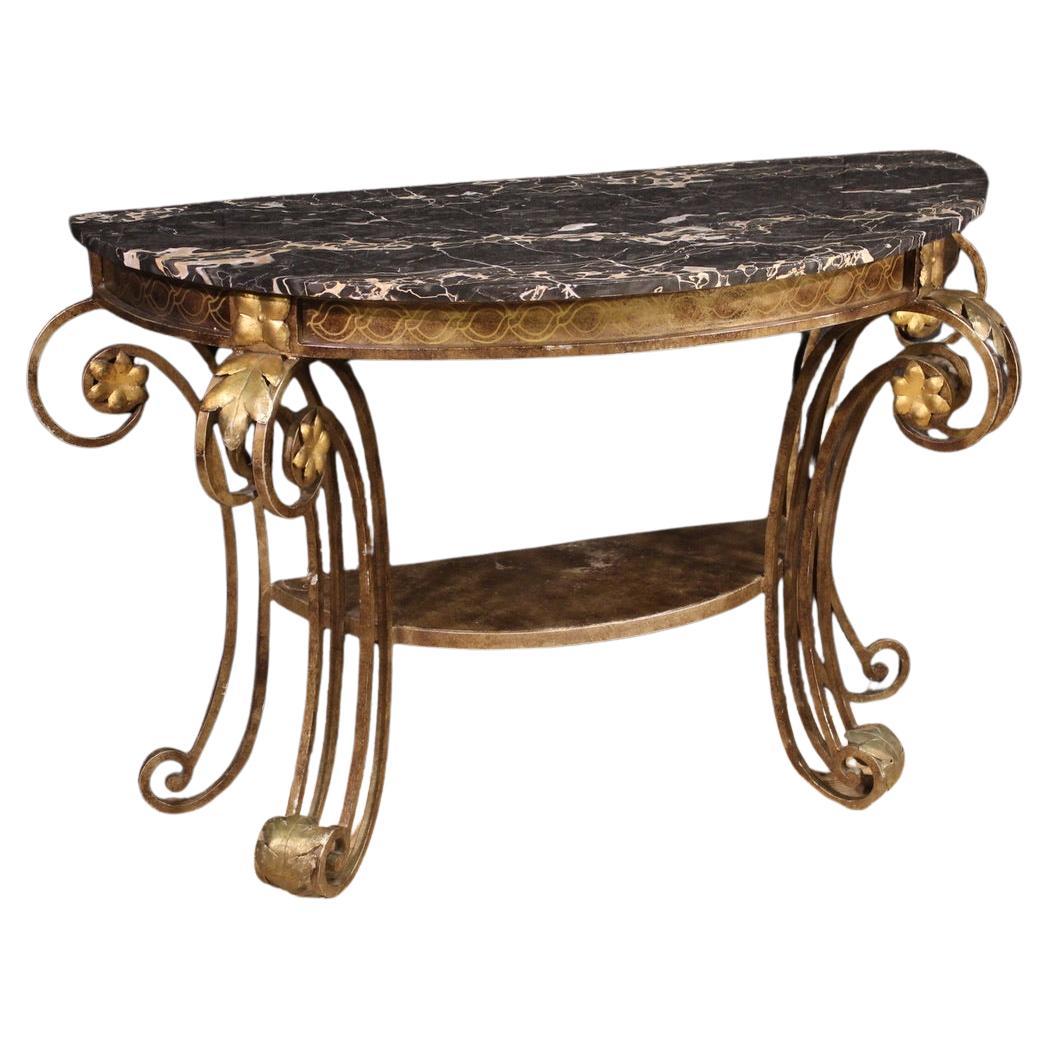 20th Century Wrought Iron with Marble Top Italian Art Deco Style Console Table