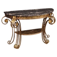 20th Century Wrought Iron with Marble Top Italian Art Deco Style Console Table